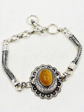 Silver Tone Poison Bracelet with Natural Stone Amber-Tone Cabochon Adjustable